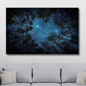 Wald unter den Sternen Leinwand Wanddekor, Sternenhimmel durch Wald Poster, Natur Leinwand Druck, mystische Nachthimmel Kunst, Wald Sterne Ansicht