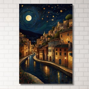 Póster impreso de noche estrellada sobre el canal, pintura de paisaje nocturno, arte de pared con escena de canal, decoración de pared de paisaje, decoración de pared de oficina, regalo de Navidad