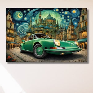 May include: A green vintage Porsche 911 driving through a city street at night. The city is painted in a style reminiscent of Vincent van Gogh's Starry Night.