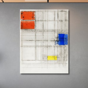 Könnte beinhalten: Abstraktes Gemälde mit einem Gittermuster in Grautönen, Weiß und Schwarz. Das Gemälde zeigt ein rotes, blaues und gelbes Quadrat in der Mitte.