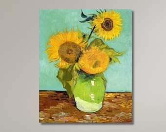 Vase mit drei Sonnenblumen von Vincent Van Gogh, Blumen Leinwand, Van Gogh Kunst, moderner Druck, berühmte Malerei, Sonnenblumen Malerei, berühmte Kunst