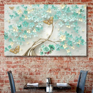 Abstracte groenblauw gouden bloesem boom bloemen canvas muurkunst, canvas print kunst, klaar om op te hangen, bloemen boom print, woonkamer slaapkamer keuken decor