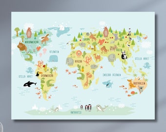 Kid's World Map Poster, Children's World Map Art Printing, Animal World, Gift for Children, Kid Room World Map, Decor for children's room