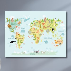 Kinderwereldkaartposter, kinderwereldkaart kunstdruk, dierenwereld, cadeau voor kinderen, kinderkamer wereldkaart, decor voor kinderkamer