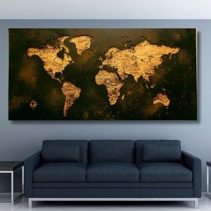 Art mural en toile carte du monde, décoration de voyage, grande oeuvre d'art murale pour le salon, oeuvre d'art murale en toile carte du monde rustique, idée cadeau pour les amateurs de voyage, carte en bois