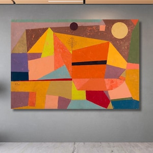 May include: Abstract geometric painting with a mix of bright colors, including orange, yellow, red, blue, and green. The painting is divided into many different shapes and forms, creating a dynamic and visually interesting composition.