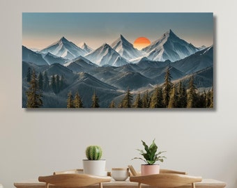 Mountain and Sun Canvas Wall Art,Japanese Mountain Poster,Landscape Art Print,Nature Print,Living room wall decor,Mountain landscape print