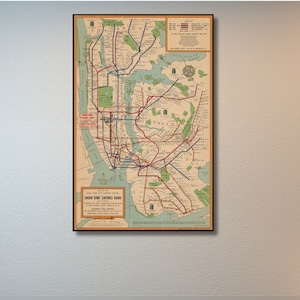 New York City Subway Map Vintage Stil Karte von NYC Subway|NYC Subway|Restaurierter Kunstdruck auf Poster oder Leinwand|U-Bahn Stil Wandkunst