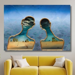 May include: A surrealist painting depicting two figures facing each other. The figures are outlined in gold and their interiors are filled with a desert landscape. The sky is blue and cloudy.
