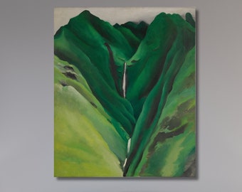 May include: A painting of a green mountain valley with a white waterfall cascading down the center.