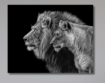 Lienzo impreso con pareja de leones, león en blanco y negro, decoración de pared con foto de león, lienzo abstracto de león, arte de pintura de animales, regalo para pareja
