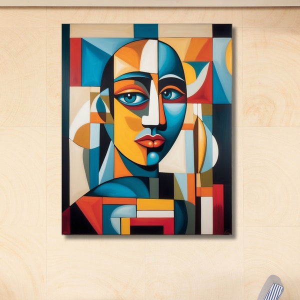 Art mural cubiste abstrait|Affiche visage de femme cubiste|Toile abstraite Picasso|Personnages cubistes inspirés de Pablo Picasso|Portrait de femme cubiste