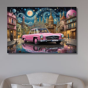 May include: A pink vintage car drives through a city street at night. The car is surrounded by buildings and a starry sky with a large moon. The car is reflected in a puddle on the street.