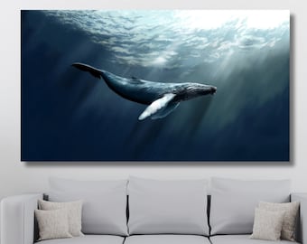 Big Blue Whale Original Poster Canvas Wall Art, Underwater Life Wall Art Set Whale, Fishes Home Decor, Trendy Wall Decor, Modern Wall Art