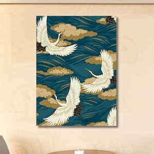 Japanese Crane Bird Wall Art,  Crane Bird illustration Poster, Birds Printing, Ready To Hang, Mother&#39;s Day Gift, Japanese Wall Art, Framed