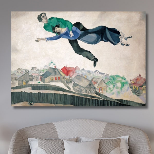 Marc Chagall Over the City Canvas Wall Art,Marc Chagall Art,Exhibition Marc Chagall Poster,Surreal Wall Art, Ready To Hang,Couple printing