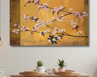 Arte en lienzo con flores de cerezo, decoración de pared con flores de cerezo japonesas, decoración de pared con flores de cerezo, impresión en lienzo con flores japonesas, arte de inspiración asiática, arte navideño