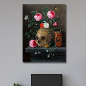 Naturaleza muerta de Vanitas (ca.1665–1670), cuadro de Jan van Kessel, arte gótico, arte floral, decoración de Halloween, regalo para ella, listo para colgar, enmarcado