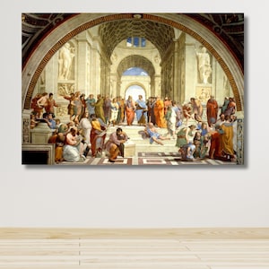 La scuola di Atene, arte su tela, Raffaello Sanzio, Scuola di Atene, Cristianesimo religioso, Platone Aristotele Socrate, famosa immagine artistica