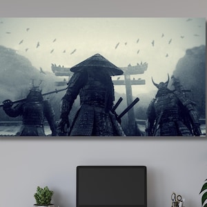 Arte murale su tela con samurai giapponesi, poster di samurai, tela giapponese extra large, stampa del guerriero asiatico, stampa in bianco e nero, pittura vintage di samurai
