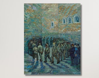 May include: A painting by Vincent van Gogh depicting a group of men in a courtyard. The men are wearing dark clothing and are standing in a circle. The courtyard is surrounded by brick walls and has a blue and green color scheme.