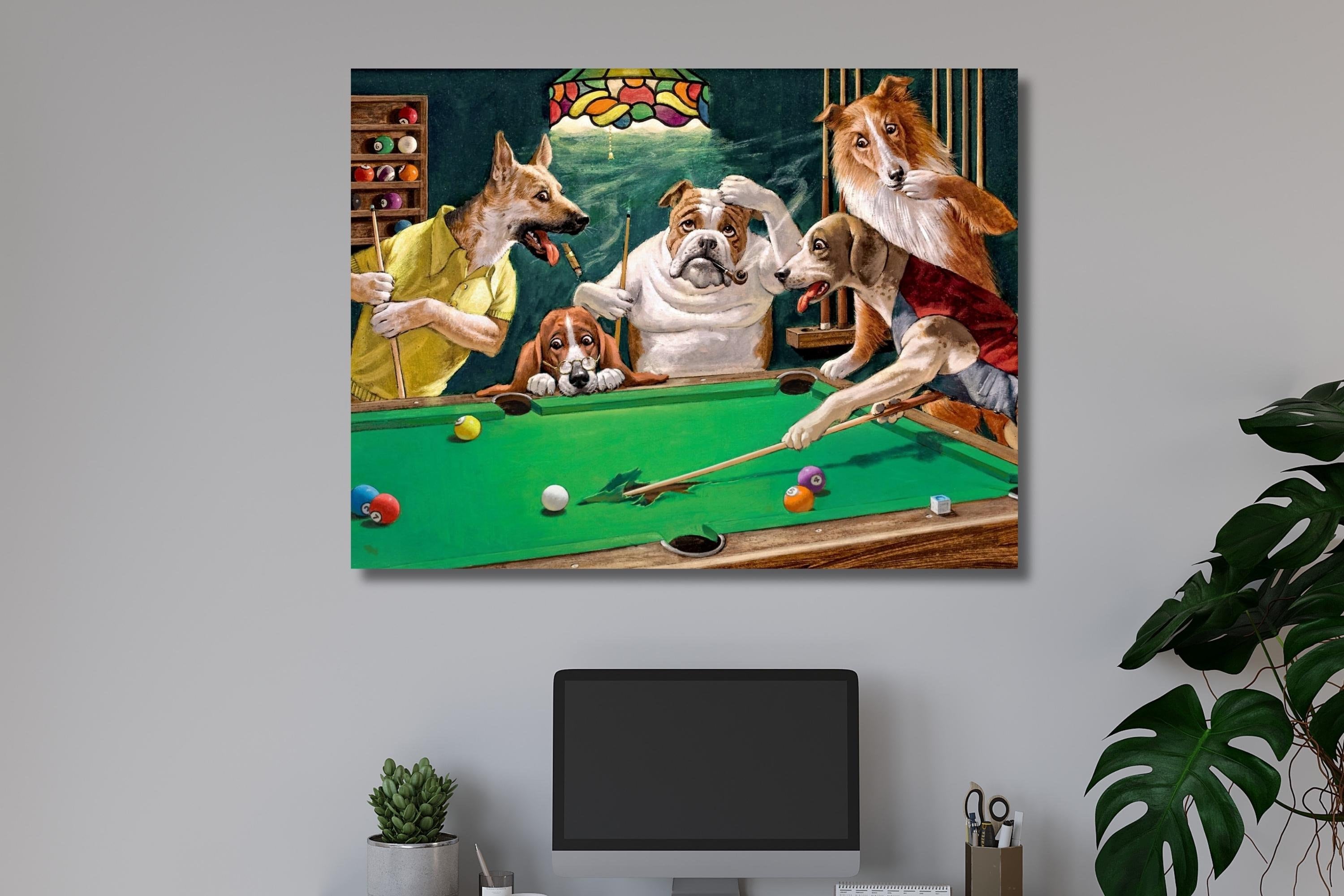 Funny Dogs Playing Billiard Canvas Wall Art,Dog Billiard Players Canvas,Funny Animal Art Decor,Pool Playing Poster Print,Dog Lovers Gift