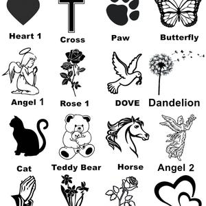 May include: Black and white illustrations of various memorial symbols, including a heart, cross, paw print, butterfly, angel, rose, dove, dandelion, cat, teddy bear, horse, and prayers.