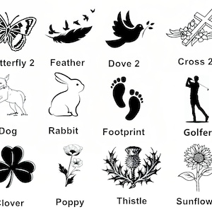 May include: Black and white illustrations of various symbols, including a butterfly, feather, dove, cross, dog, rabbit, footprint, golfer, clover, poppy, thistle, and sunflower.
