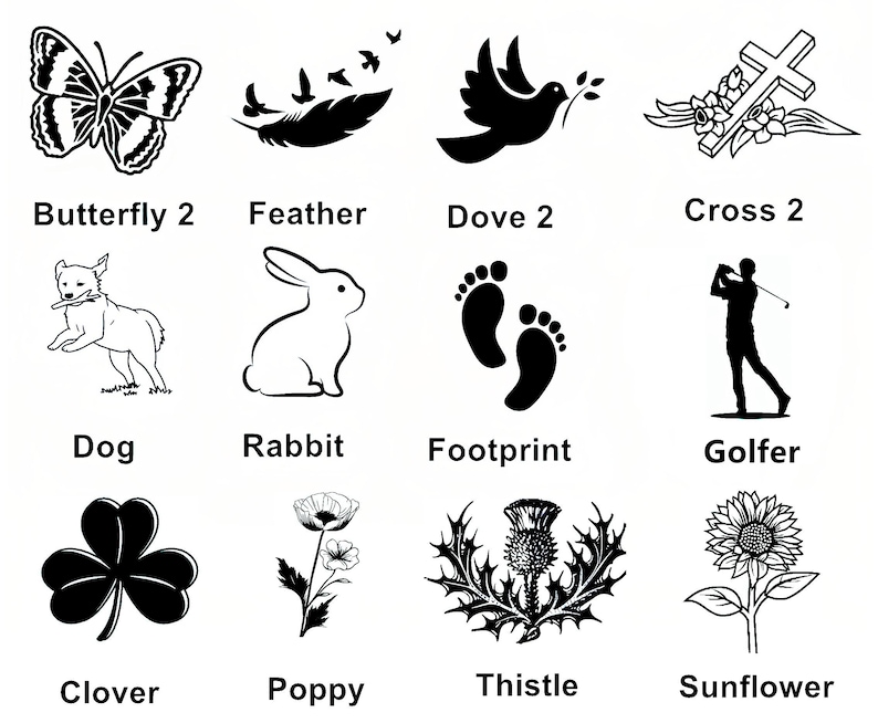 May include: Black and white illustrations of various symbols, including a butterfly, feather, dove, cross, dog, rabbit, footprint, golfer, clover, poppy, thistle, and sunflower.