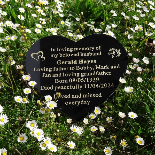 Personalised Heart Shaped Natural Granite Memorial Plaque Marker Funeral Headstone, Sandblasted Engraved with Motif, Keepsake Sympathy Gift