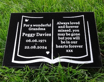 Personalized Granite Memorial Plaque: Book Design, Sandblasted Headstone