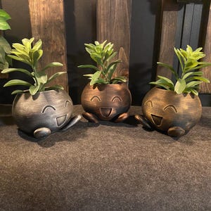 Op de afbeelding: Drie decoratieve plantenbakken met lachende gezichten, elk met een kleine groene plant. De plantenbakken hebben een metallic afwerking in zilver- en bronskleuren. De plantenbakken zijn rond met kleine voetjes.