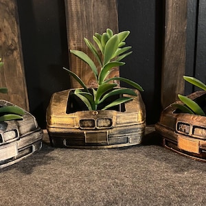 Op de afbeelding: Drie autovormige plantenbakken van metaal met een verweerde afwerking. Elke plantenbak heeft een andere kleur: zwart, goud en koper. Elke plantenbak heeft een kleine vetplant erin.