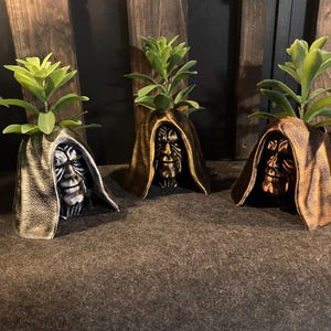 May include: Three decorative planters shaped like a hooded figure's face, each holding a green plant. The planters are in shades of silver, gold, and bronze. The background features wooden planks.