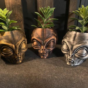 May include: Three alien head-shaped planters, each containing a green succulent plant. The planters are finished in metallic bronze, copper, and silver tones, featuring large almond-shaped eyes, a small nose, and a defined mouth on each face.