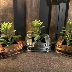 May include: Three car-shaped planters in different colors: gold, silver, and bronze. Each planter has a small plant growing out of it.