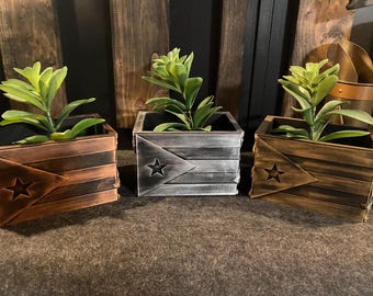 May include: Three wooden planter boxes with a Puerto Rican flag design. The boxes are painted in brown, gray, and black. Each box has a green succulent plant inside.