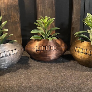 Op de afbeelding: Drie football-vormige plantenbakken in zilveren, koperen en gouden metallic afwerkingen. Elke plantenbak heeft gevormde veters en bevat een groene vetplant. De ovalen houders hebben een getextureerd oppervlak en staan op een rij opgesteld.
