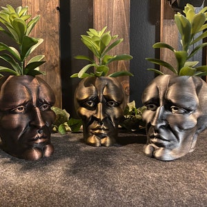 Puede incluir: Tres macetas decorativas con forma de rostro humano, cada una con una expresión facial diferente. Las macetas están hechas de un material oscuro y texturizado y están llenas de plantas verdes.