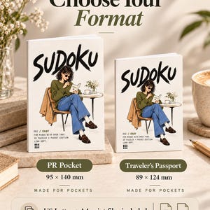 May include: Two white Sudoku puzzle books with an illustration of a person sitting at a table. The left book is labeled PR Pocket 95 x 140 mm and the right is Traveler's Passport 89 x 124 mm. Text includes Choose Your Format and US Letter + A4 print files included.