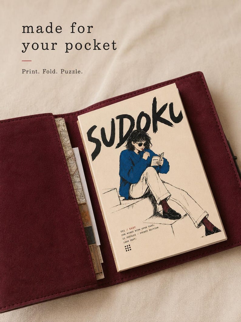 May include: A Sudoku puzzle booklet with a cover illustration of a person in a blue sweater and white pants, tucked into a dark red suede cover. The text reads: made for your pocket, Print. Fold. Puzzle., SUDOKU, 001 / EASY, FOR MINDS WITH OPEN TABS.