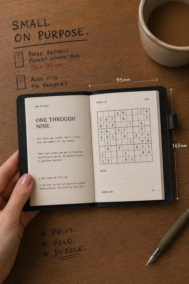 May include: A black leather-bound notebook open to a Sudoku puzzle page. The left page displays instructions titled How to Play, while the right page shows a grid labeled Puzzle 01. The notebook measures 95 mm by 140 mm, as indicated by text.