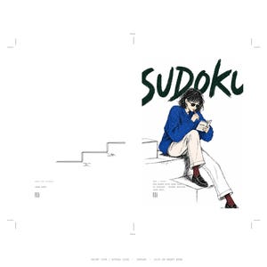 May include: A white page featuring a black line drawing of stairs and a colored illustration of a person sitting on steps. The person wears a blue sweater, white pants, dark socks, and loafers, holding a book. The text SUDOKU is in dark green.