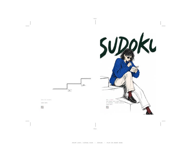 May include: A white page featuring a black line drawing of stairs and a colored illustration of a person sitting on steps. The person wears a blue sweater, white pants, dark socks, and loafers, holding a book. The text SUDOKU is in dark green.