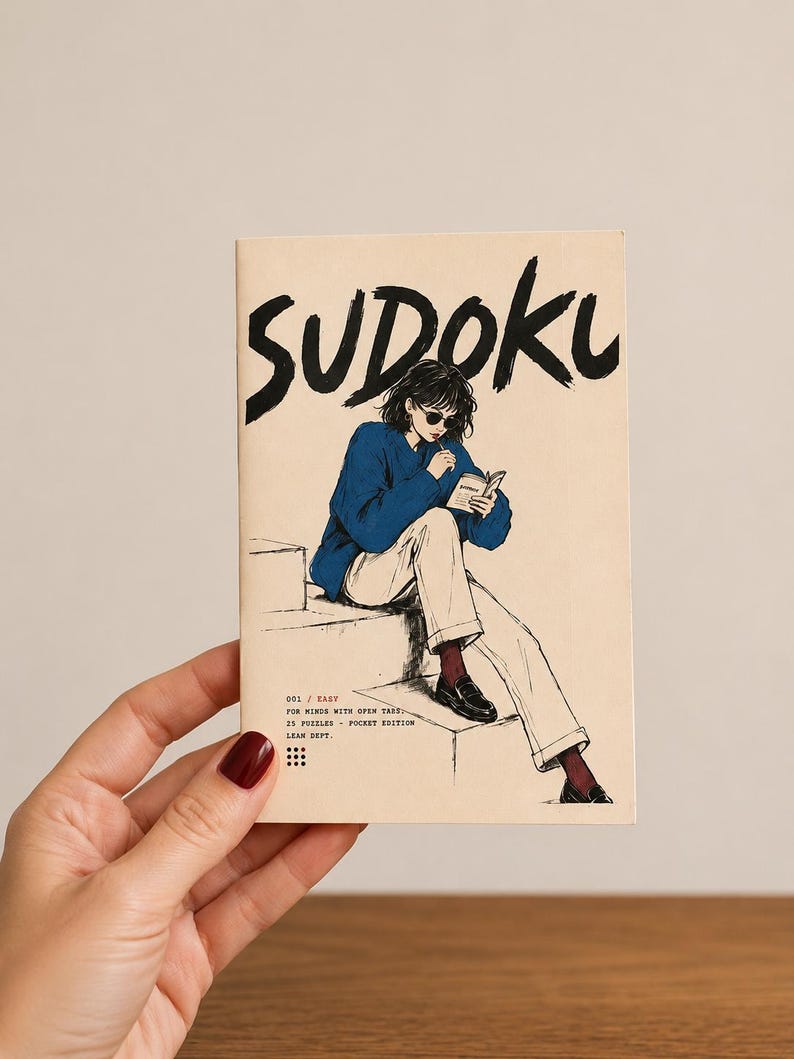 May include: A rectangular Sudoku puzzle book with a cream-colored cover featuring a black ink illustration of a person in a blue sweater and light pants sitting and writing. The text reads SUDOKU, 001 / EASY, FOR MINDS WITH OPEN TABS, 25 PUZZLES - POCKET EDITION, LEAN DEPT.
