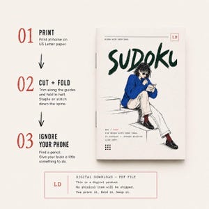 May include: A printable Sudoku booklet featuring a cover illustration of a person in a blue sweater and white pants reading a book. The layout includes instructions for printing, cutting, and folding the PDF file into a pocket-sized puzzle book.