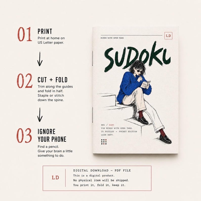 May include: A printable Sudoku booklet featuring a cover illustration of a person in a blue sweater and white pants reading a book. The layout includes instructions for printing, cutting, and folding the PDF file into a pocket-sized puzzle book.