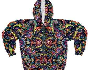 Unisex hoodie met rits en psychedelisch patroon (AOP)