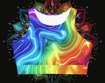 Embrace Spiritual Serenity with Tantra-Yoga Fully Lined, Padded Sports Bra - Rainbow Chakra Design