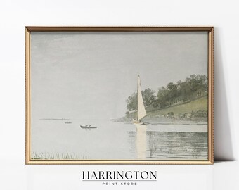 Coastal Sailing Boat Painting, Soft Neutral Beach, Summer Vintage Landscape Print, Vintage Landscape Print Oil Painting, Digital Download